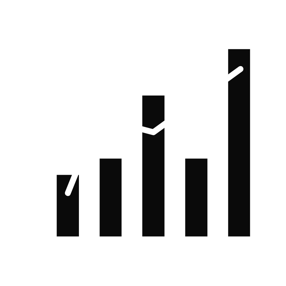 Icon of graph with upward trend in white without background.